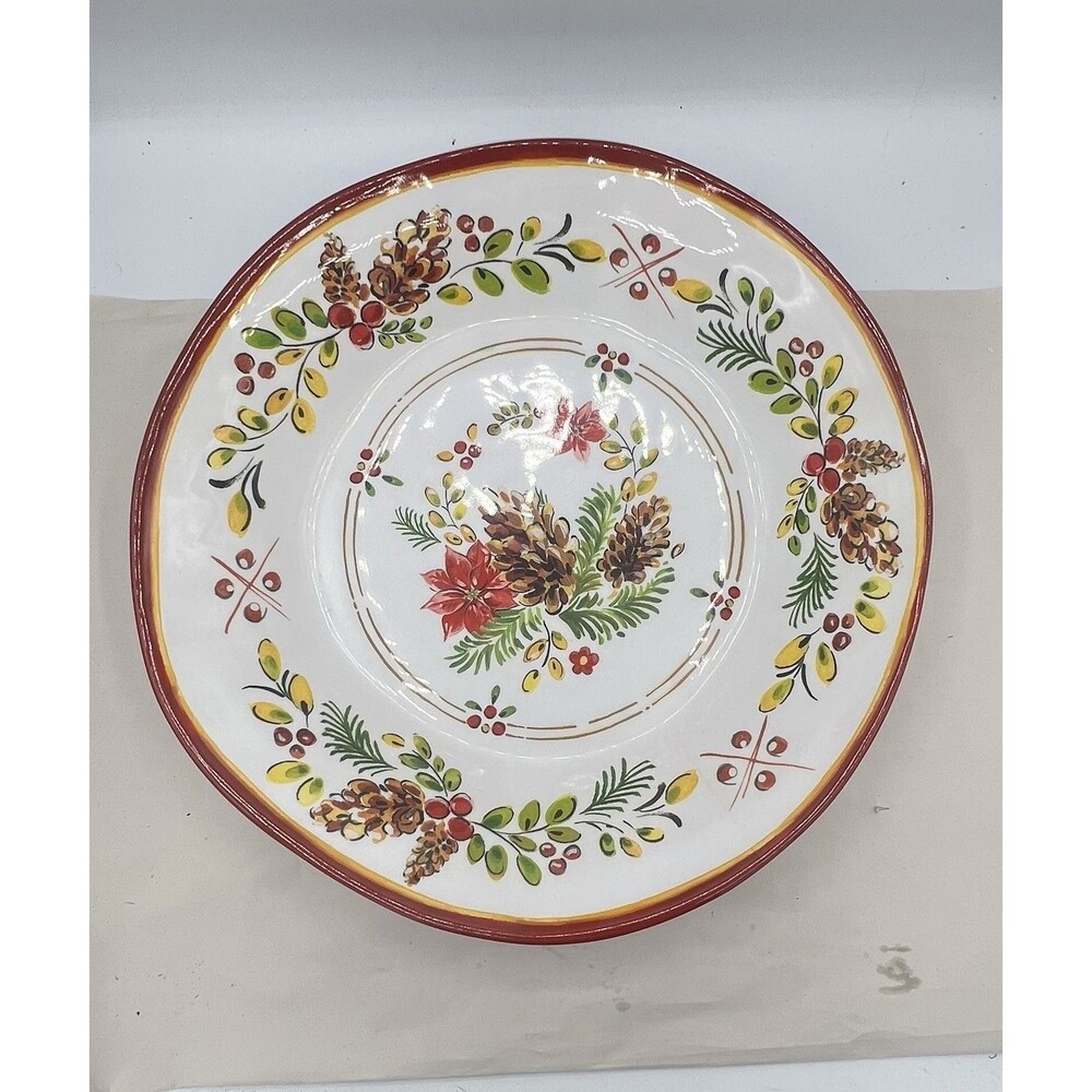 Le Cadeaux Melamine  Christmas Noel Pinecone  Poinsettia Round Serving Bowl